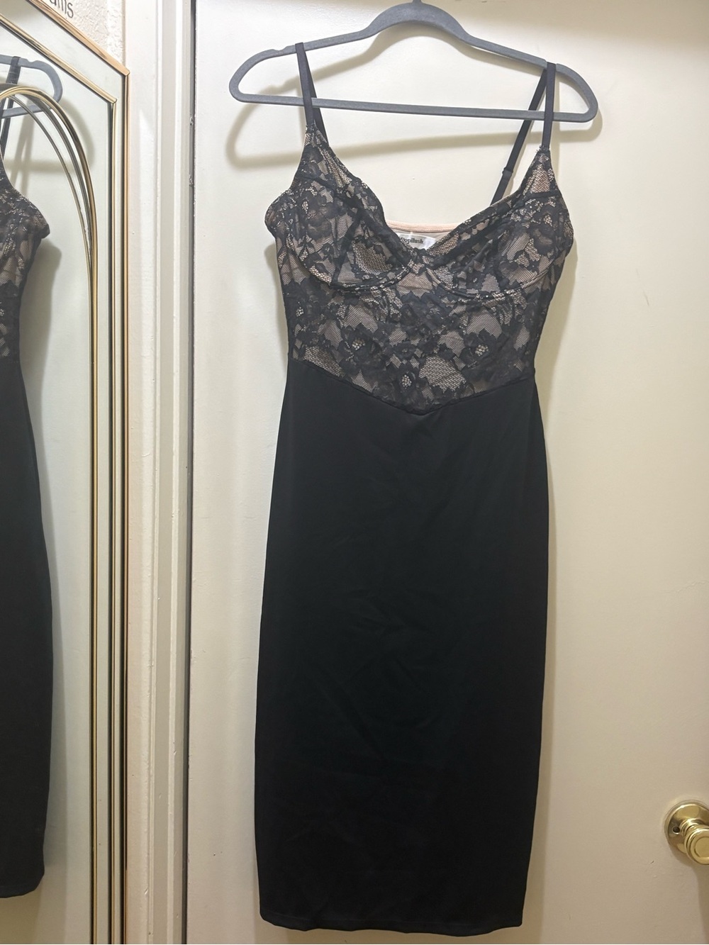 Black Lace-Overlay Slip Dress with Nude Lining